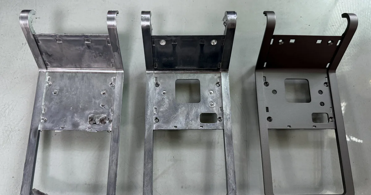 The same metal component shown at cast, machined, and surface-finished stages